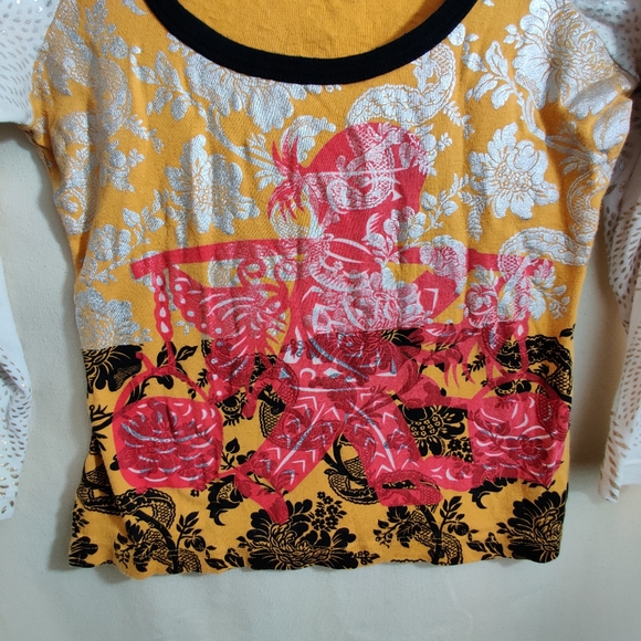 CUSTO BARCELONA White & Yellow Mid Sleeve Scoop Neck Traditional Design Shirt M - Picture 2 of 13